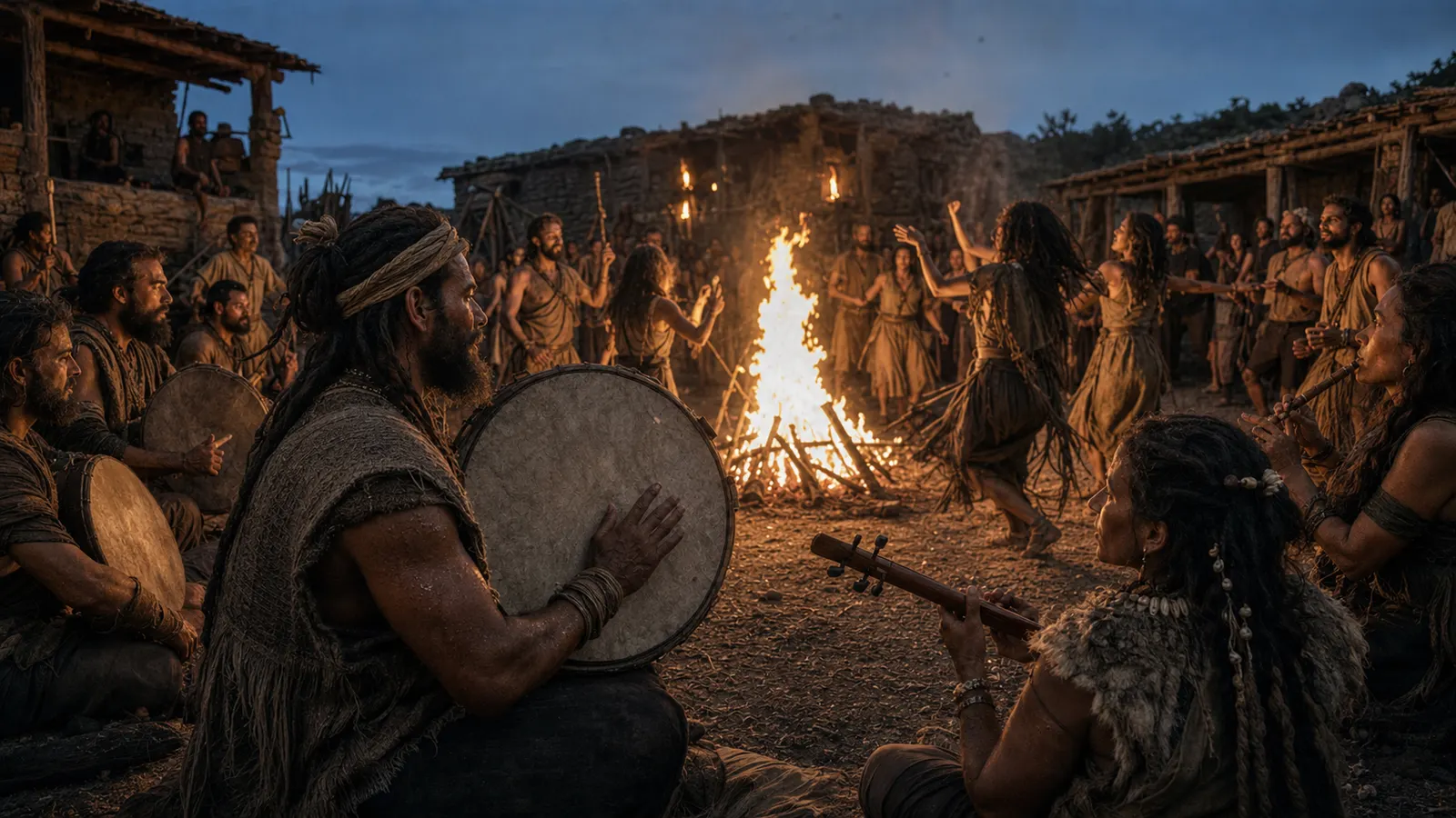 Community drumming around a fire