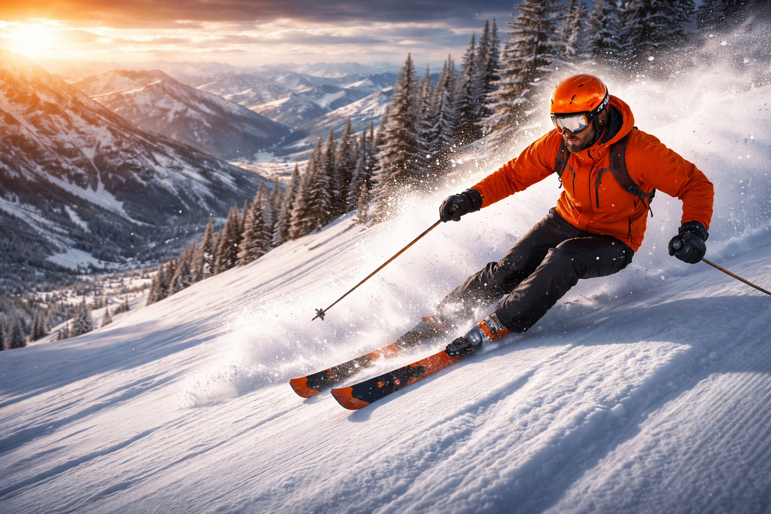 Skier carving through fresh snow at sunrise in the mountains