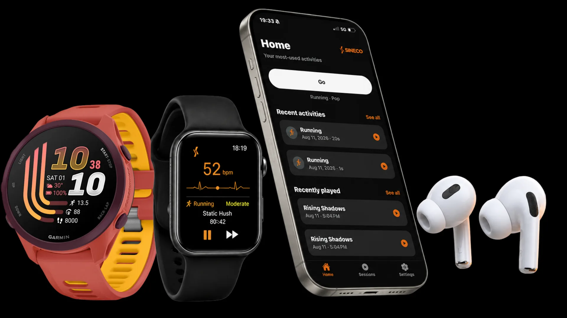 Sineco app on a smartphone, smartwatch and wireless earbuds
