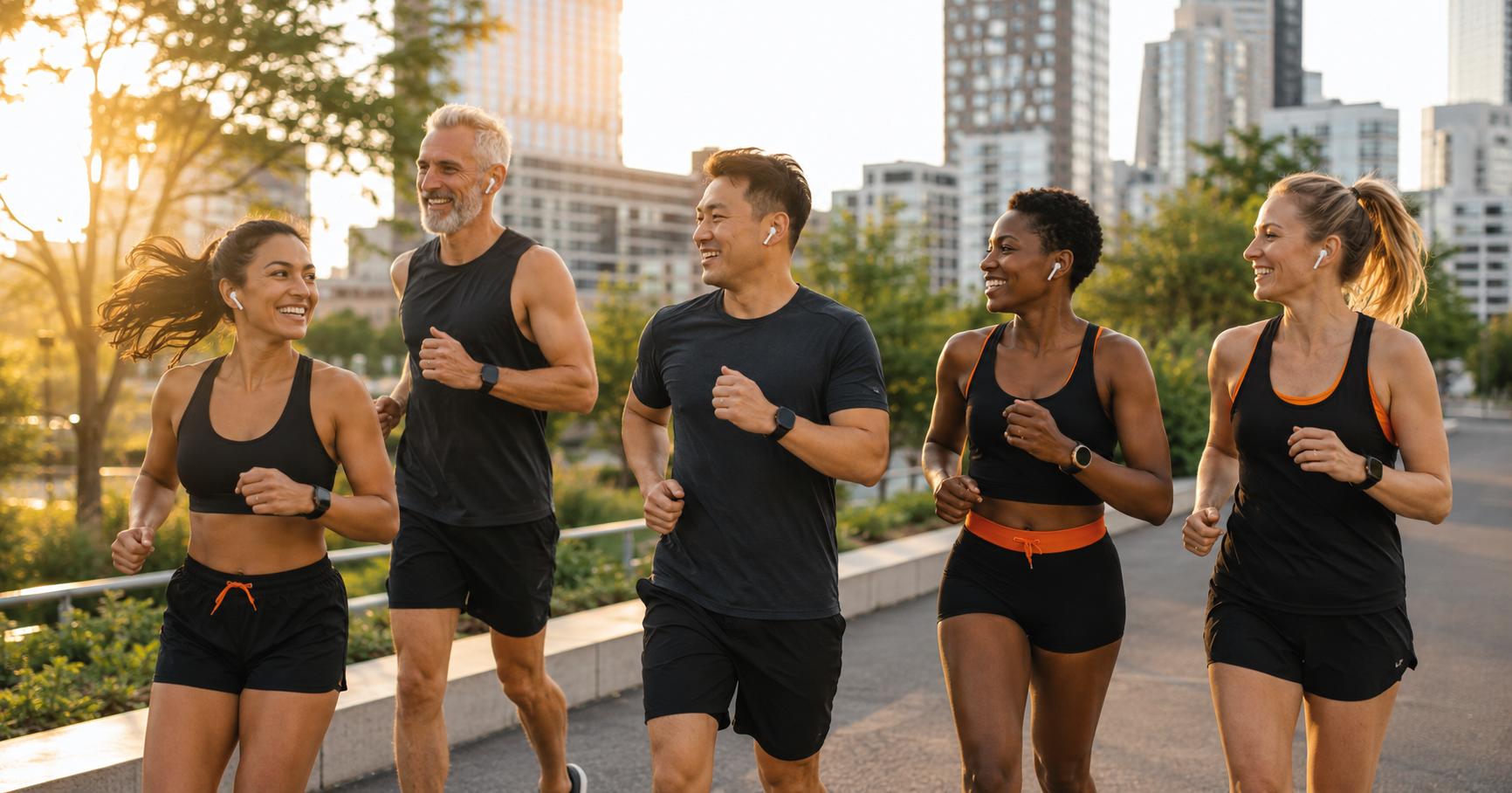 Group of runners wearing earbuds and smartwatches jogging through a city at sunrise